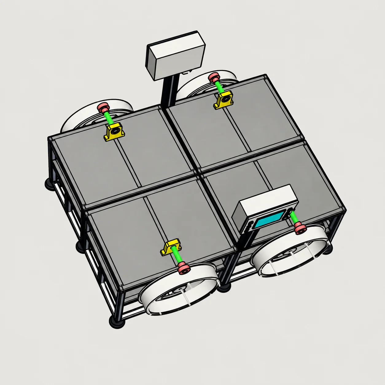 A recoiler CAD model showing its frame, two drum assemblies, and controls.